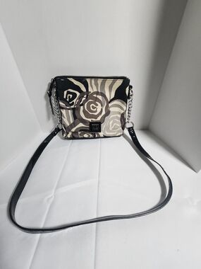 Sarah Violet Rose Pattern Shoulder Bag Canvas Black Gray Tan Floral